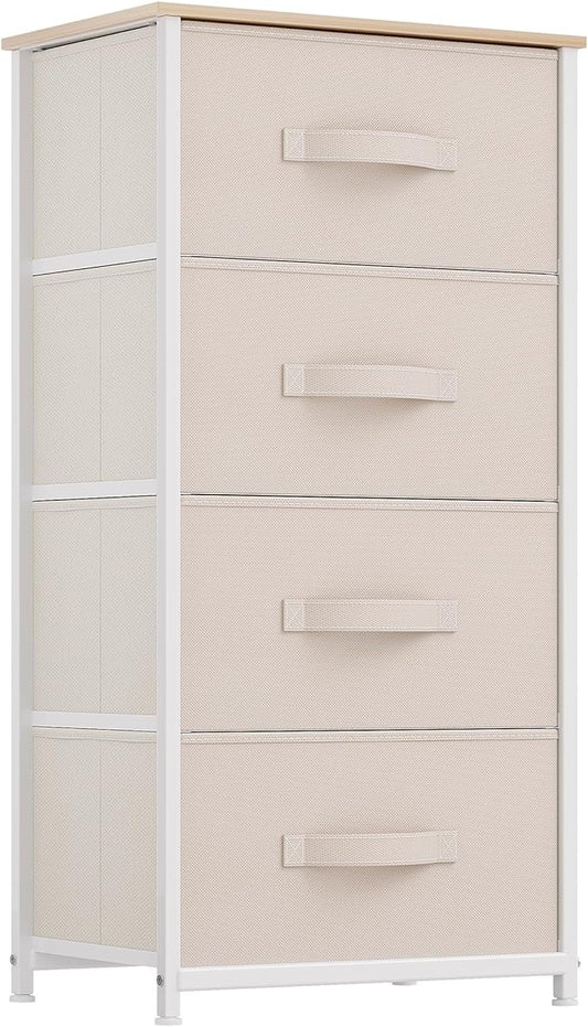 DWVO Storage Tower with 4 Drawers - Fabric Dresser, Organizer Unit for Bedroom, Living Room, Closets - Sturdy Steel Frame, Easy Pull Fabric Bins & Wooden Top (Cream White)