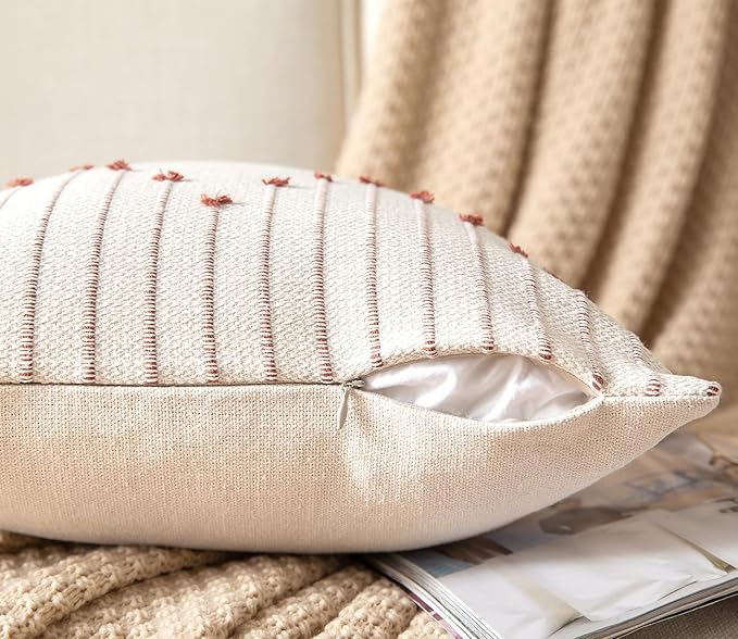Caflife Boho Throw Pillow Covers 20x20 Set of 2 Decorative Pillows for Bed, Neutral Pillow Covers Beige with Rust Line Throw Pillows for Modern Farmhouse Couch Sofa Living Room Outdoor
