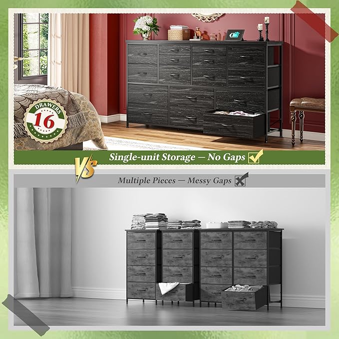 Dresser for Bedroom with 16 Fabric Drawers Long Dresser with Charging Station TV Stand for 60" TV Dressers & Chest of Drawers for Bedroom, Living Room, Closet, Black