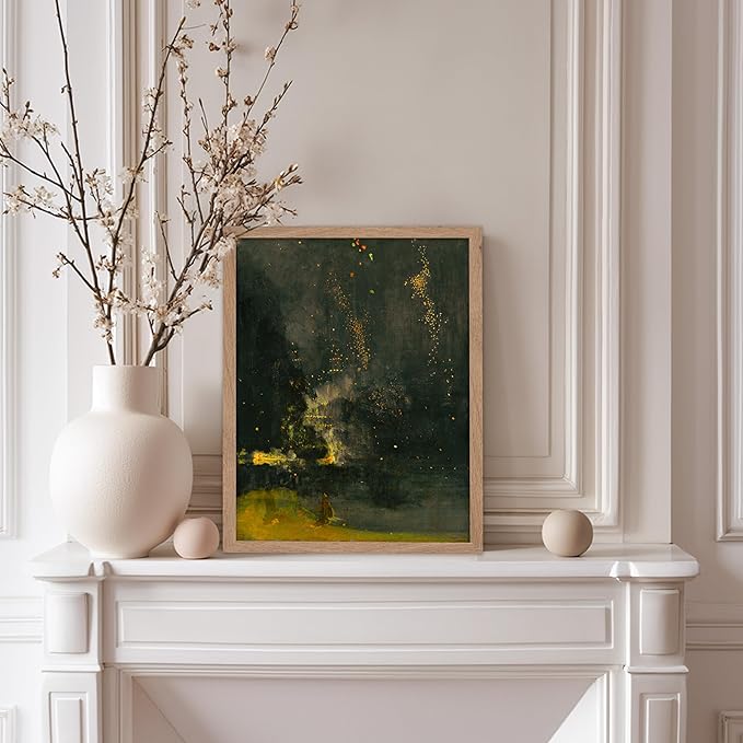 Poster Master Vintage Nocturne in Black and Gold Painting Poster - Retro The Falling Rocket Print - Abstract Art - Moody Art - Landscape Art - Office or Living Room Decor, 8x10 Beige Framed