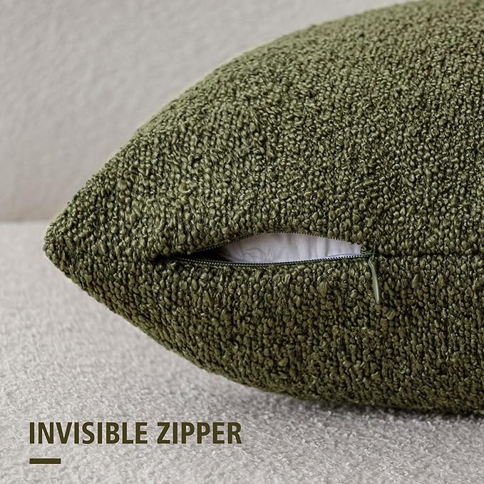 Foindtower Set of 2, Decorative Textured Boucle Throw Pillow Covers Accent Solid Pillow Cases Neutral Soft Cozy Couch Cushion Case for Chair Sofa Bedroom Living Room Home Decor 24x24 Inch Moss Green