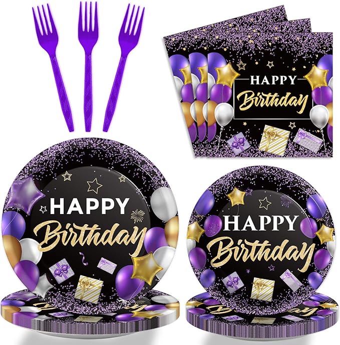 Wiooffen 96 Pcs Purple Birthday Party Plates Napkins Tableware Set Purple and Black Happy Birthday Party Supplies Disposable Dinnerware Women Girl Birthday Decoration Favors for Table, 24 Guests