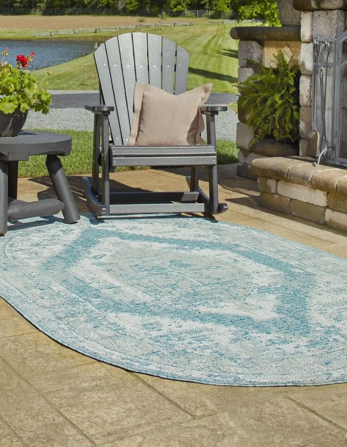 Unique Loom Outdoor Traditional Collection Area Rug - Valeria (5' 3" x 7' 10" Oval, Aqua/ Ivory)