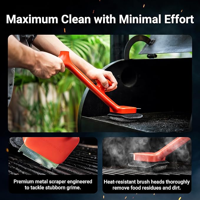BBQ Grill Brush Bristle Free - 17" Safe Steam Grill Cleaner Brush with Scraper and 5 Brush Heads for Porcelain/Gas/Charcoal Grill Outdoor Grill Barbecue Cleaner