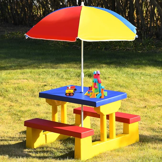 Costzon Kids Picnic Table, Indoor & Outdoor Table and Bench with Removable Umbrella, Portable Toddler Picnic Table and Chair Set for Garden, Backyard, Patio