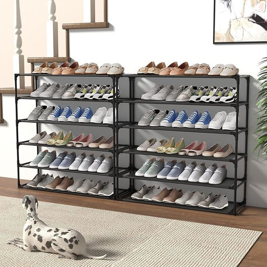 TY ARTS & CULTURE 2 Pack 6-Tiers Shoe Rack Organizer, Sturdy Metal Pipes & Durable Non-Woven Fabric, Space Saving Tall Shoe Shelf Hold 48-60airs, Shoe Rack for Entryway (Black)