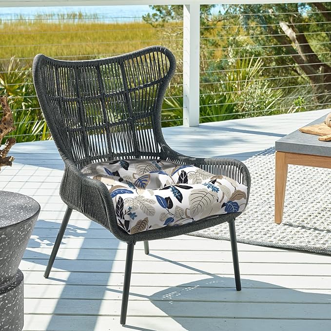 Set of 2 Outdoor Tufted Chair Cushions 19"x19"x4", Water Repellent Patio Seat Cushions with Ties, Replacement Chair Pads for Wicker Dining and Patio Furniture - Breeze Leaves Beige