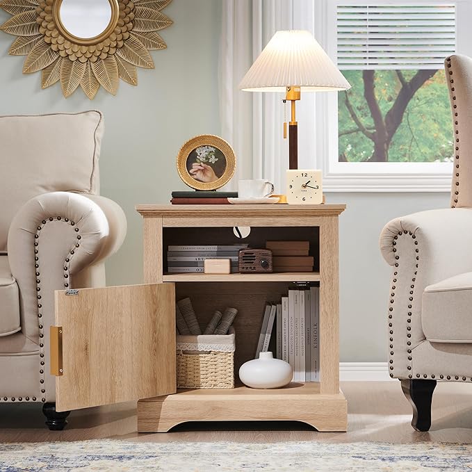 Fluted Nightstand with Charging Station, 22" Large Modern Side Table, Wood End Table w/Open Shelf & Spacious Tabletop, Bedside Table with Storage Space for Bedroom, Living Room (Natural)