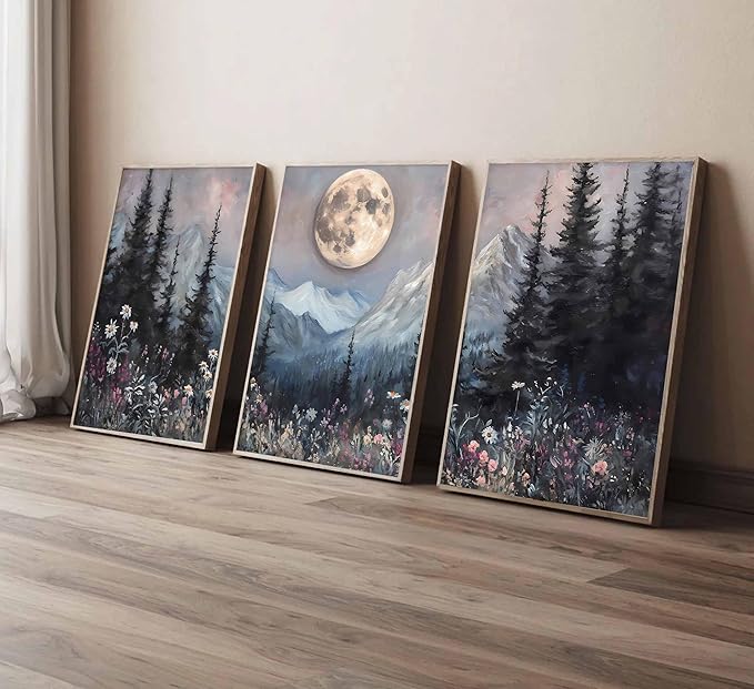 3Pcs Full Moon Forest Canvas Wall Art Vintage Moonlit Pine Tree Mountains and Wildflowers Woodland Nature Landscape Picture Wall Decor Poster Print Artwork for Bedroom Living Room Decor Unframed
