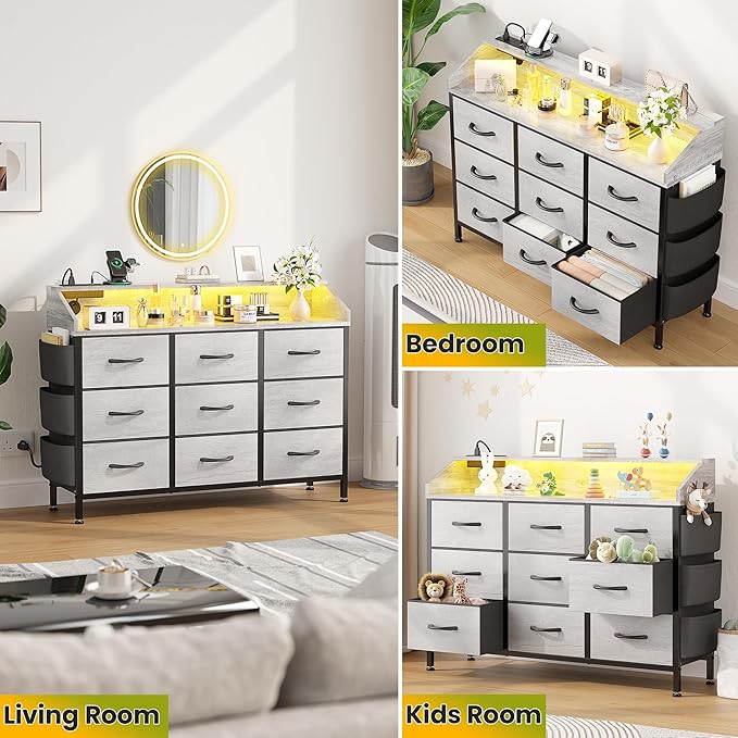 Lulive Dresser TV Stand for Bedroom with 9 Drawers - Chest of Drawers with LED Light & Charging Station - Living Room Hallway Closet Nursery (Grey)
