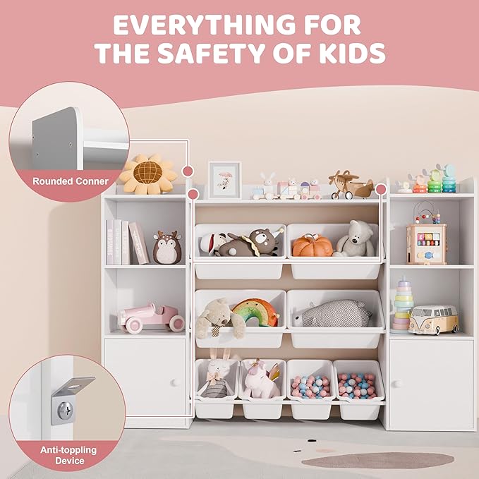 Xilingol Kids Toy Storage Organizer W/8 Removable Toy Bins, 4-Tier Toy Organizers W/6 Storage Cubbies, Kid Bookshelf and Toy Storage for Playroom, Bedroom, Kids Room, Classroom