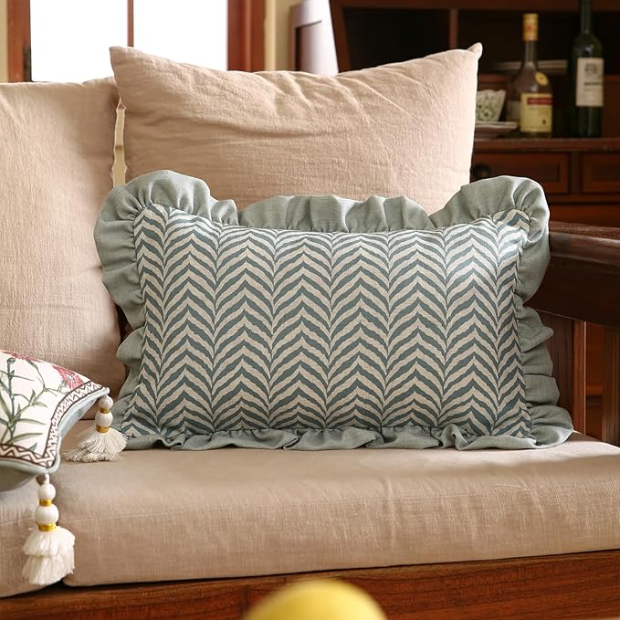Design Linen Throw Pillow Covers 12"x20" Pack of 2, Rectangle Minimalist Cushion Covers with Powder Blue Chevron Leaves Pattern Decoration Pillowcases for Bed,Living Room,Outdoor,Car