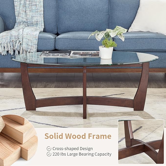 48" Oval Glass Coffee Table with Tempered Glass Top Cross and Solid Wood Base Simple & Modern Center Table for Living Room Office Apartment Cherry
