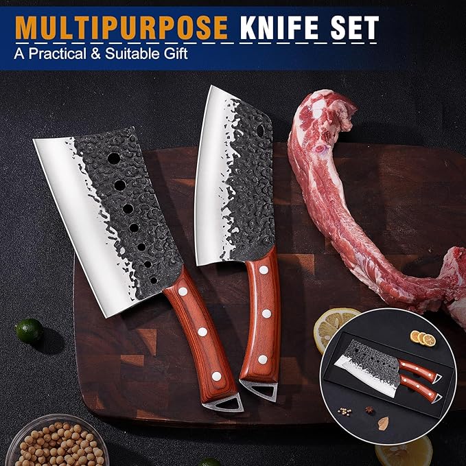 Meat Cleaver Knife Set, 2PCS Hand Forged Japanese Butcher Knife Set for Meat Cutting, Viking, Boning. Serbian Chef Knives & Sharp Kitchen Vegetable Knives for Home, Outdoor Cooking, BBQ Gift.