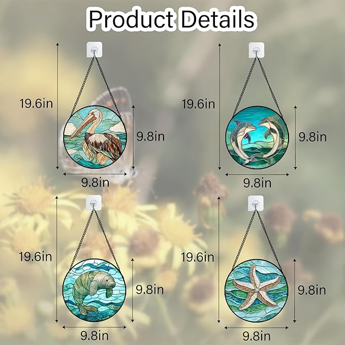 Stained Glass Window Hanging 4 Pcs Set Cyan Ocean Life Theme 9.8" - Sea Starfish Suncatcher Door Garden Sun Catcher Decor Birthday for Mom Woman Nana Men Friend