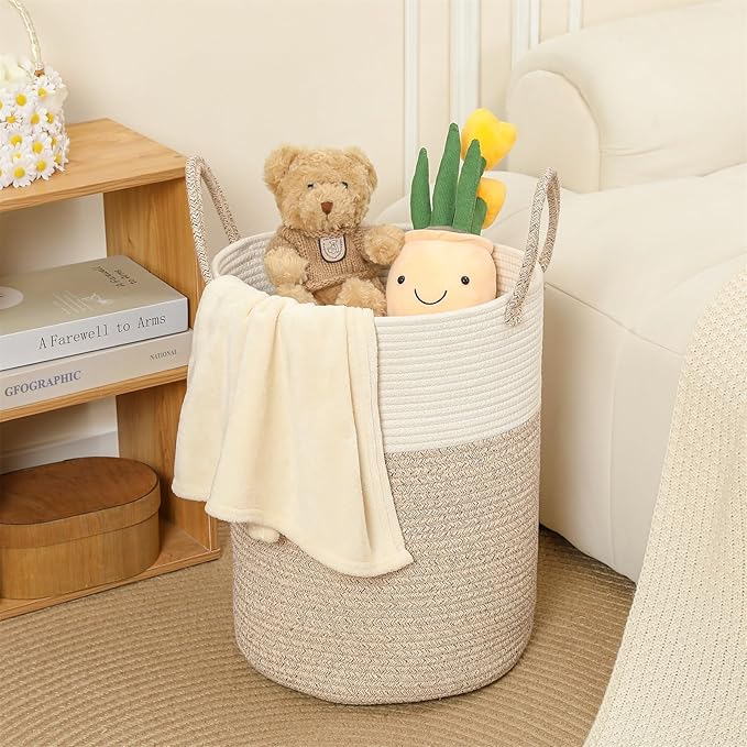40L Woven Laundry Basket Hamper, 100% Natural Cotton Rope, Handwoven & Durable, Storage for Blankets, Toys, Clothes, Decorative Nursery Hamper for Living Room, Baby Room, Bedroom (Brown and White)