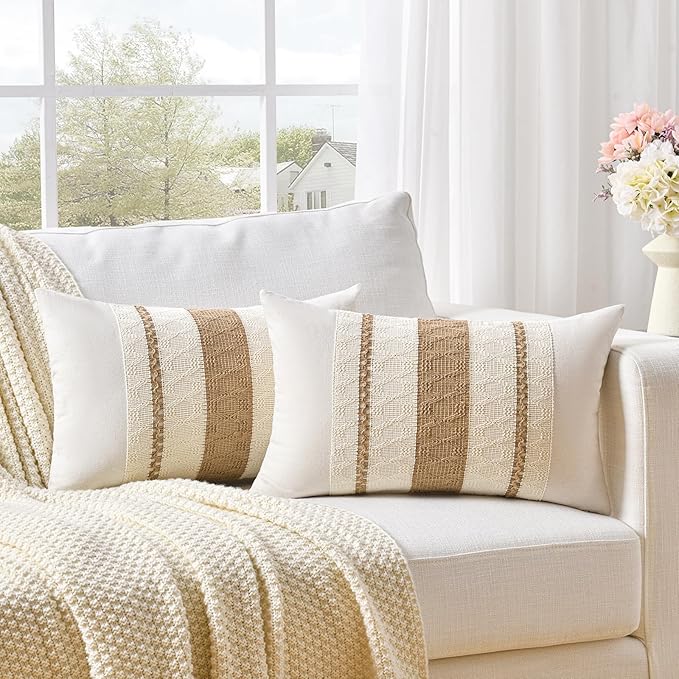 Fancy Homi Set of 2 Boho Neutral Lumbar Decorative Throw Pillow Cover 12x20 Inch for Couch Bed Sofa Chair, Modern Organic Farmhouse Home Decor, Soft Cotton Cute Accent Tan Rectangle Cushion Case