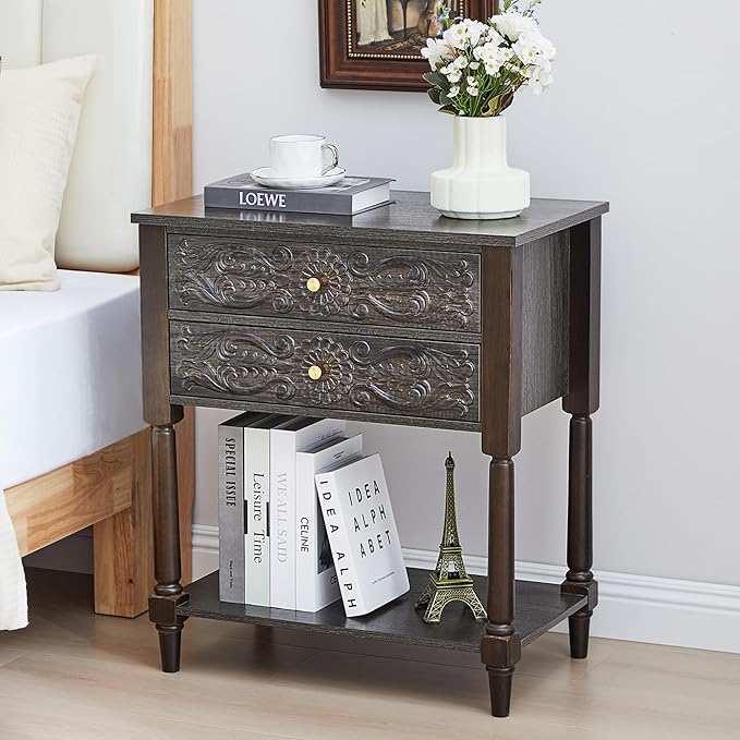 Nightstand, Farmhouse Bedside Table with 2 Drawers and Open Shelf, Wood Sofa Side Table End Table Accent Dresser for Bedroom, Living Room (with Shelf, Grey)