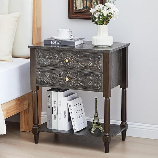 Nightstand, Farmhouse Bedside Table with 2 Drawers and Open Shelf, Wood Sofa Side Table End Table Accent Dresser for Bedroom, Living Room (with Shelf, Grey)