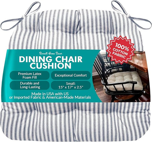 Barnett Home Decor Ticking Stripe Blue Dining Chair Pad with Ties - 15 x 17 Size Small Chair Cushion - Latex Foam Fill - Machine Washable, Reversible, 100% Cotton, Made in USA (Navy)