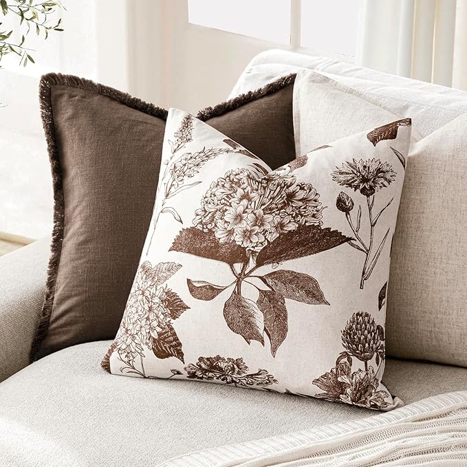 Foindtower Set of 2 Linen Floral Throw Pillow Covers Neutral Vintage Print Decorative Cushion Covers Farmhouse Boho Home Decor for Sofa Chair Couch Bedroom Living Room Outdoor,20×20 Inch,Dark Brown