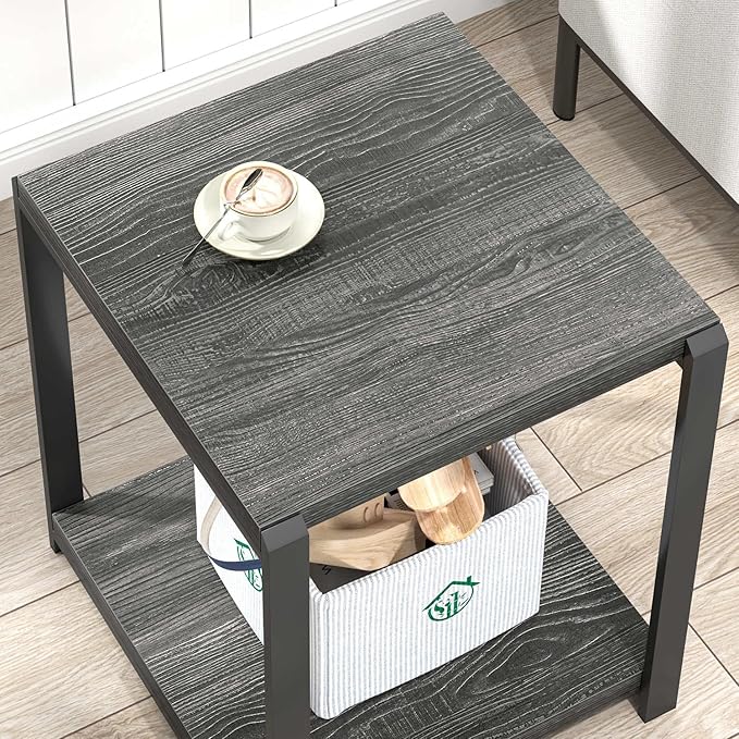 FOLUBAN Modern Side Table, Square End Table with Storage Shelf for Living Room, Rustic Industrial Wood Nightstand for Bedroom, Dark Gray