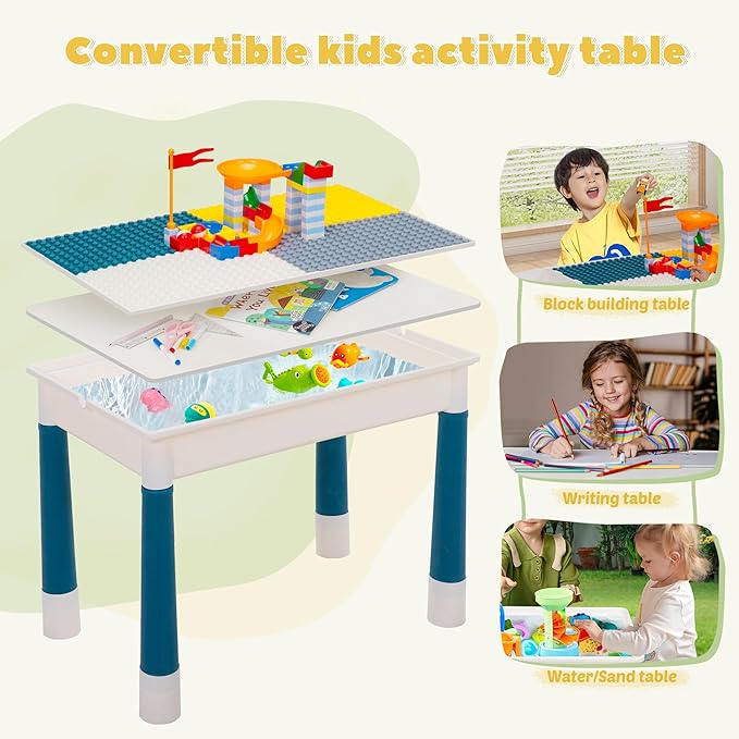 Sandinrayli 7 - in - 1 Kids Activity Table Set with 2 Chairs & 100Pcs Blocks | Water/Sand Play Table for Toddler Age 3-6 (Macaron)