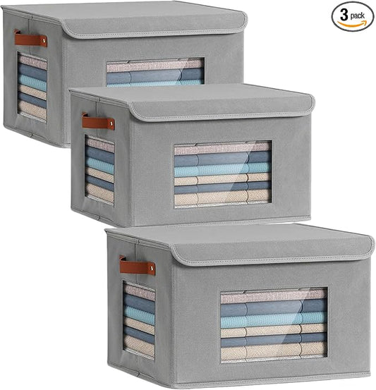 Storage Bins for Clothes, 40L Large Collapsible Stackable Closet Organizer Containers, Storage Boxes with Lids,Storage Cube Basket, Clear Windows & PU Leather Handles, Pack of 3, 17x12x12 Inch