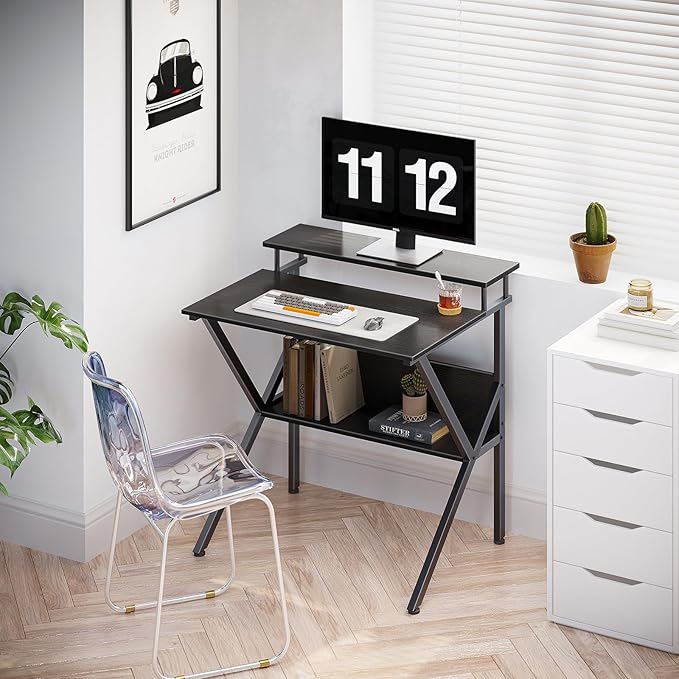 ODK Small Desk, 27.5 Inch Computer Desk for Small Spaces, Compact Desk with Storage, Study Table with Monitor Stand for Home Office, Black