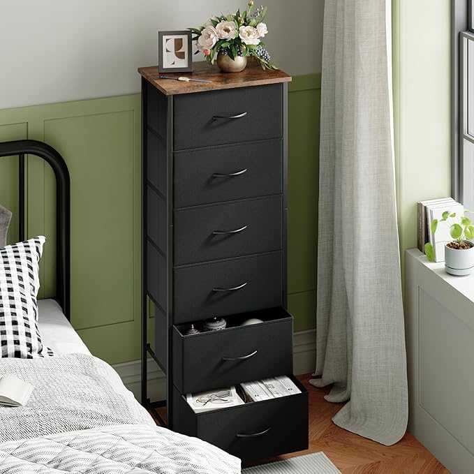 Somdot Tall Dresser for Bedroom with 6 Drawers and Side Pockets, Storage Organizer Chest of Drawers with Fabric Bins for Closet Bedside Nursery Living Room Entryway Hallway, Black Rustic Brown