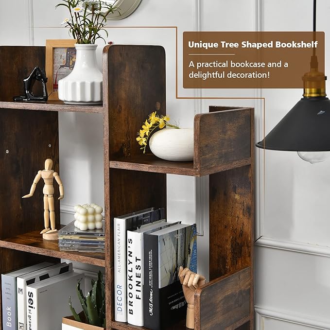 Tangkula Freestanding Tree Bookshelf, Corner Storage Organizer with 13 Open Shelves, Decorative Display Cube Shelf for Living Room, Study, Office, 34 x 9.5 x 55.5 Inch (1, Rustic Brown)