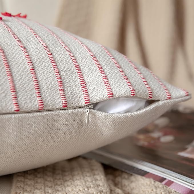 Caflife Boho Christmas Throw Pillow Covers 20x20 Set of 2, Holiday Christmas Decorative Pillow Covers Beige with Red Line for Modern Farmhouse Couch Sofa Bedroom Living Room Outdoor