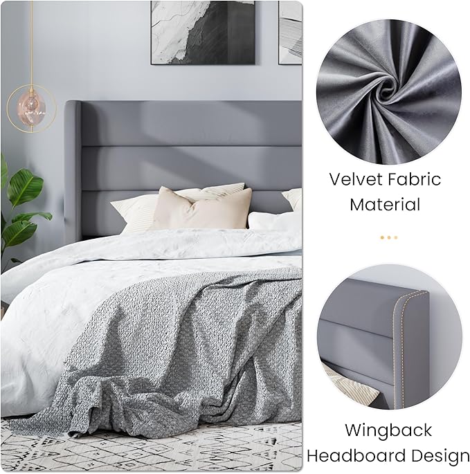 SHA CERLIN King Size Velvet Bed Frame/Vertical Channel Tufted Wingback Headboard/Upholstered Platform Bed with Wooden Slats/Mattress Foundation/No Box Spring Needed/Easy Assembly/Grey