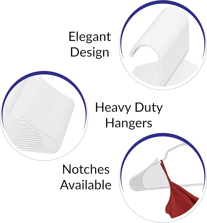 Royale Linens 60 Pack White Plastic Hangers for Clothes - Heavy Duty Clothes Hanger for Everyday Use - Lightweight & Space Saving Notched Plastic Hangers