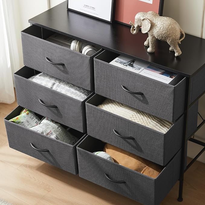 DUMOS TV Stand for Living Room, Dresser for Bedroom Chest of Dresser with 6 Fabric Drawers Storage Organizers Units, Nightstand for Bed
