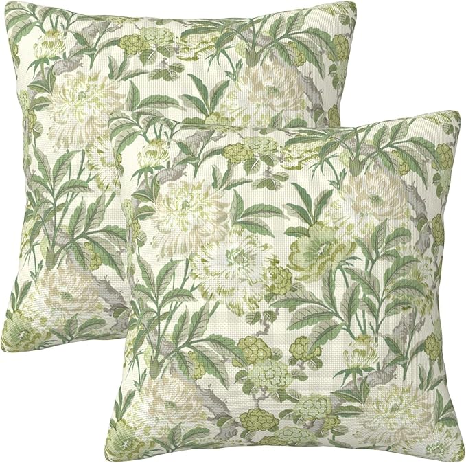 French Country Green Floral Throw Pillow Covers 18x18 Inch Set of 2 Spring Summer Chinoiserie Vintage Flower Pillow Case Farmhouse Decor Cushion Cover of Sofa Living Room Bedroom