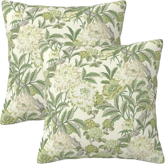 French Country Green Floral Throw Pillow Covers 18x18 Inch Set of 2 Spring Summer Chinoiserie Vintage Flower Pillow Case Farmhouse Decor Cushion Cover of Sofa Living Room Bedroom