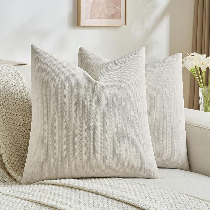 FUTEI Beige Decorative Throw Pillow Covers 18x18 Inch Set of 2,Soft Cozy Wheat Ear Striped Patterns Cushion Cases,Modern Home Decor for Couch Bed Living Room