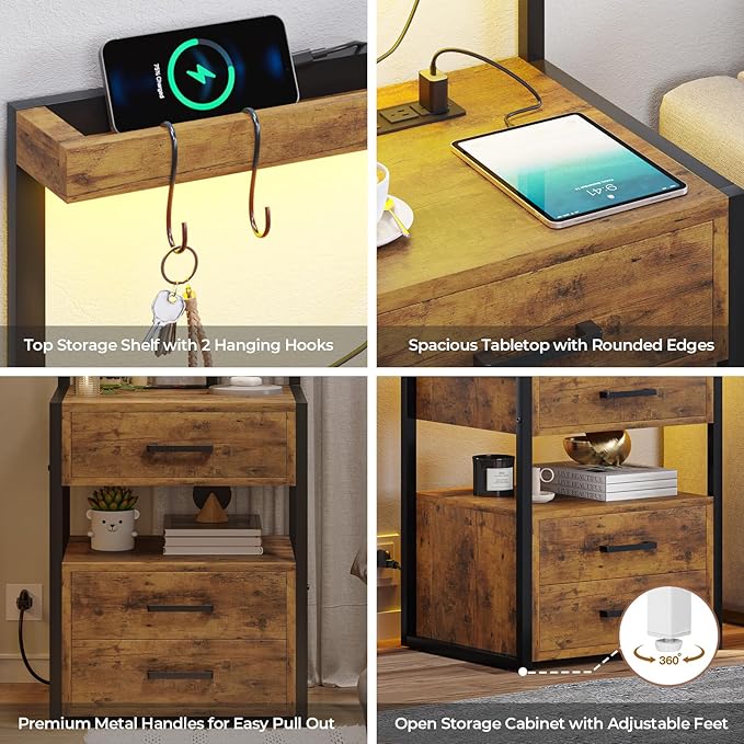 VIAGDO Led Nightstand with Charging Station, 3 Drawers Night Stands with Led Lights, Rustic Brown Bedside Tables with Storage Shelves, Modern End Side Tables for Bedroom, Office