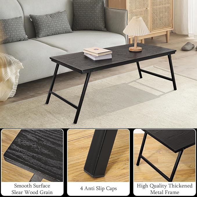 Black Wooden Coffee Tables for Living Room Folding Floor Table Desk for Sitting on The Floor Rectangular Portable Low Floor Desk for Small Spaces Apartments