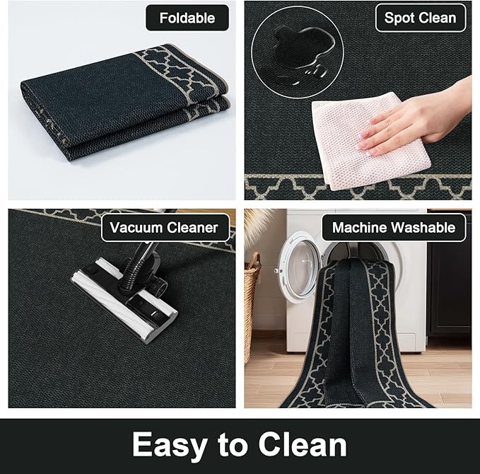 OJIA Easy Jute Washable Rugs 5x7 Outdoor Rug, Modern Area Rug Patio Rug Living Room Rugs Bordered Indoor Outdoor Rug Farmhouse Non-Slip Carpet Geometric Black Rug for Backyard Dining Room