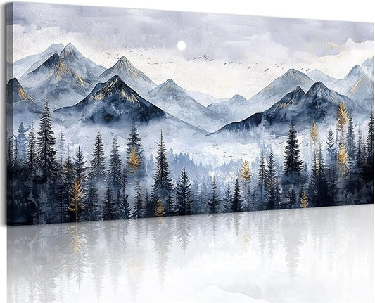 SERIMINO Mountain Landscape Large Wall Art, Misty Forest Canvas Prints, Blue Gold Watercolor Pine Tree Paintings Wall Decor Living Room Bedroom, Natural Scenery Office Decor Pictures 30"X60"