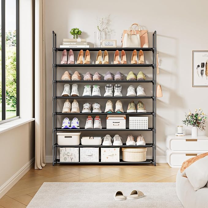 8 Tier Shoe Organizer, 33.3in Wide x 11.2in Deep x 55.7in Tall, Black Metal and Plastic Shoe Rack, Holds up to 32-40 Pairs of Shoes