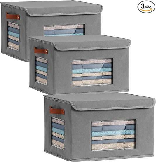 Storage Bins for Clothes, 40L Large Collapsible Stackable Closet Organizer Containers, Storage Boxes with Lids,Storage Cube Basket, Clear Windows & PU Leather Handles, Pack of 3, 17x12x12 Inch