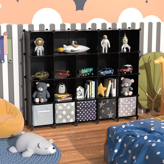 HOMIDEC 20-Cube Black Storage Organizer, Modular Shelf With Hammer, Storage Bin Cabinet Closet Bookshelf for Living Room, Bedroom, Office, Each Cube Size 11.8 x 11.8 Inch