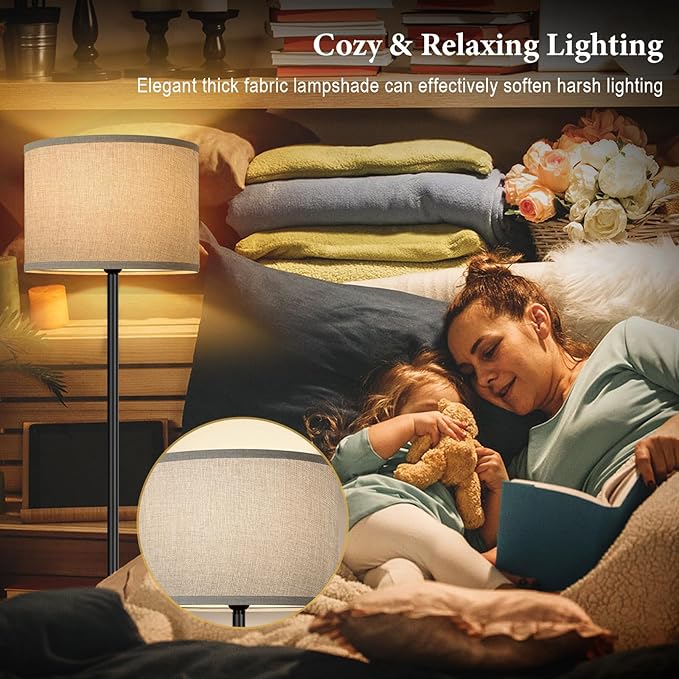 65’’ Tall Floor Lamp for Bedroom, Living Room Pole Floor Light with Grey Shade, Dimmable Standing Floor Lamp with 3-Color Changing LED Bulbs, Simple Design E26 Stand-up Lamp with Foot Switch