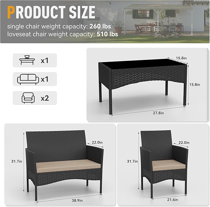 Kurapika Patio Furniture Set 4 Pieces Outdoor Wicker Rattan Chairs Conversation Sets w/Coffee Table, Rocking Bistro Set, for Patio Backyard Lawn (Sand)