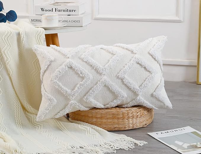 Diamond Pattern Long Pillow Covers 16 x 24,Plush Chenille Decorative Long Lumbar Pillow Covers Pillow Case Cushion Case for Sofa Couch Bed Livingroom Farmhouse,Modern Boho,Cream White