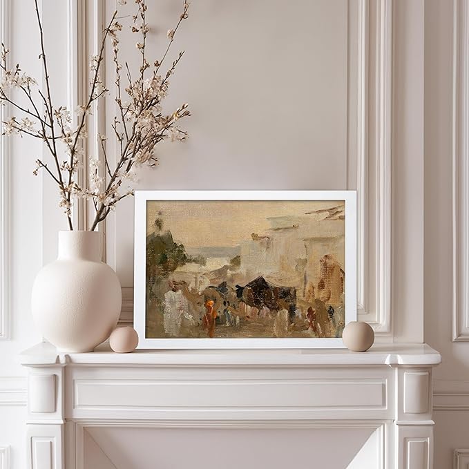 Poster Master Vintage The Bazaar Painting Poster - Retro Street in Udaipur Print - India Art - Cityscape Art - Farmhouse Art - Abstract Art - Office or Living Room Wall Decor, 11x14 White Framed