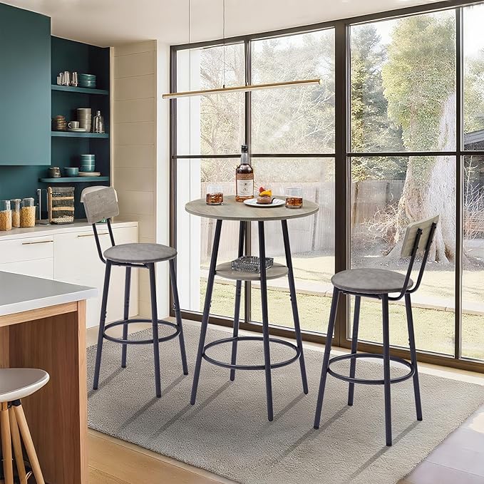 NicBex 3-Piece Bar Table and Chairs Set, Grey Pub Table and Chairs Set of 2 with Storage Shelf, Bistro Table with Stools for Small Spaces